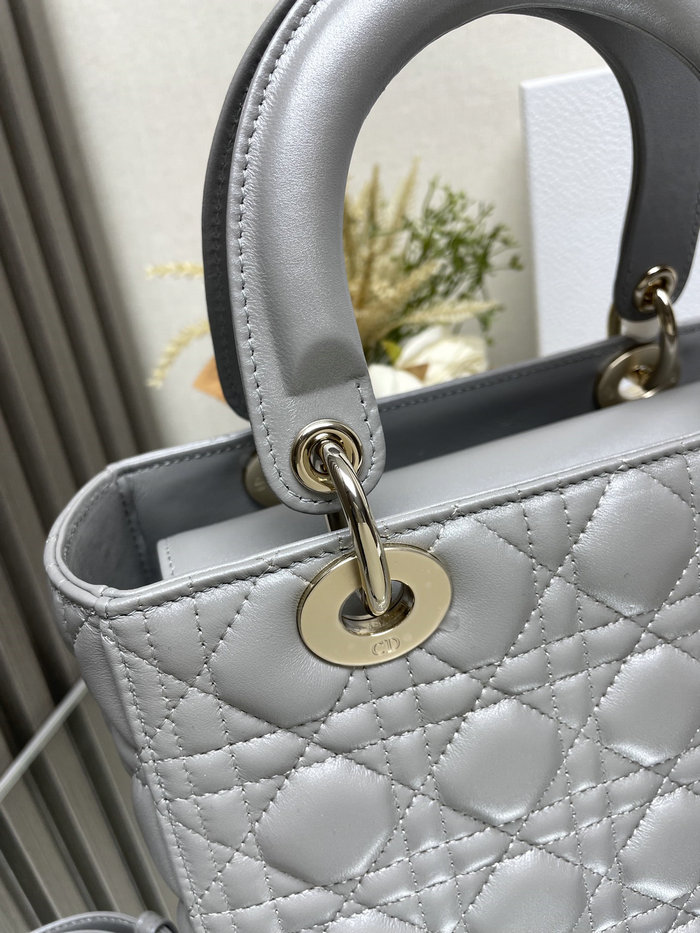 Medium Lady Dior Lambskin Bag Shiny Grey D2454