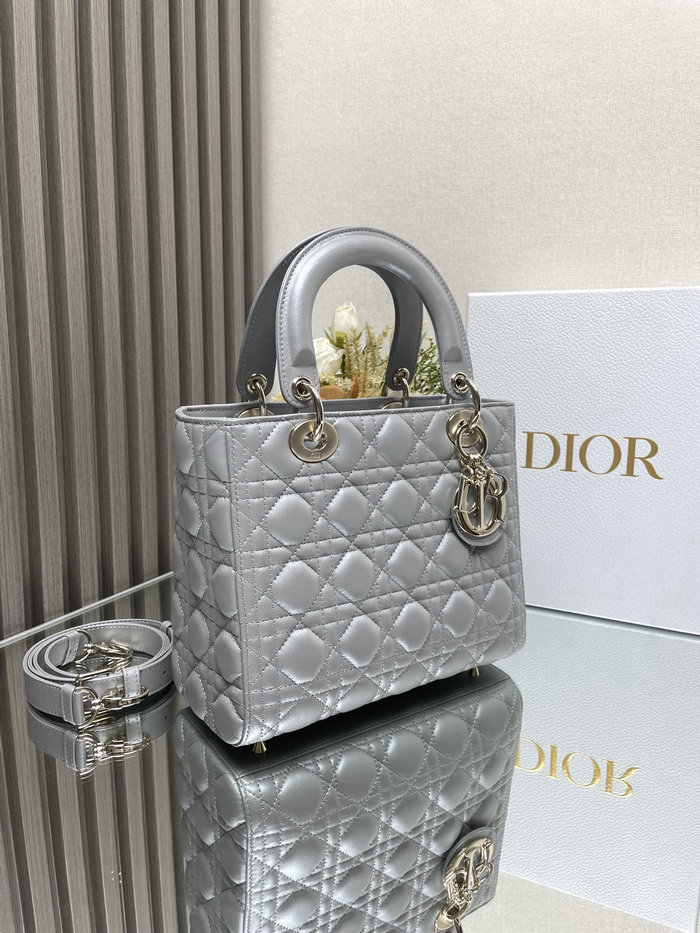 Medium Lady Dior Lambskin Bag Shiny Grey D2454