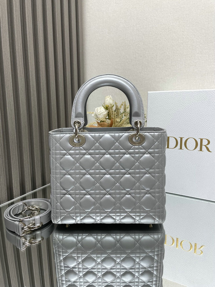 Medium Lady Dior Lambskin Bag Shiny Grey D2454