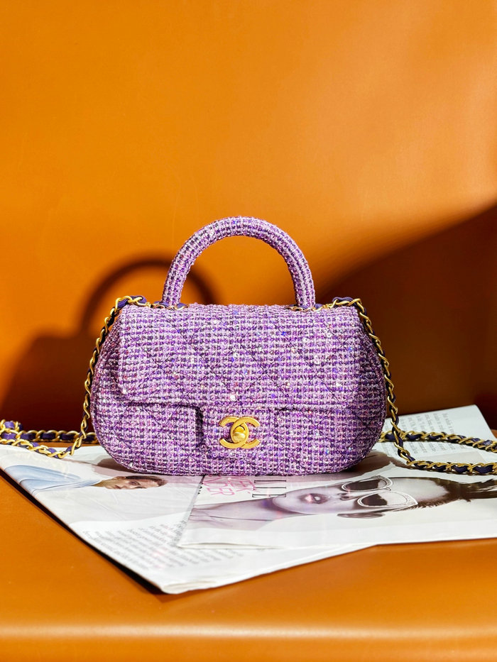 Small Chanel Tweed Bag with Top Handle Purple AS4573