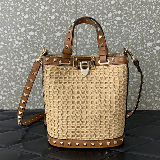 Valentino Mini Rockstud Raffia Shoulder Bag V0314