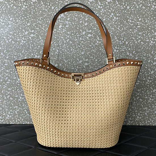 Valentino Rockstud Woven Raffia Shopping Bag V0660