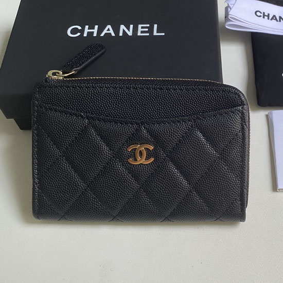 Chanel Grain Calfskin Zip Card Holder AP3179 Black with Gold