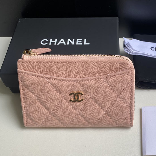 Chanel Grain Calfskin Zip Card Holder AP3179 Pink