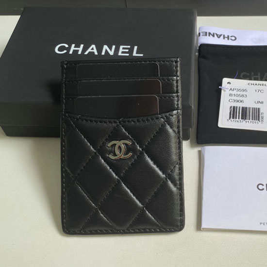 Chanel Lambskin Card Holder Black with Silver AP3595