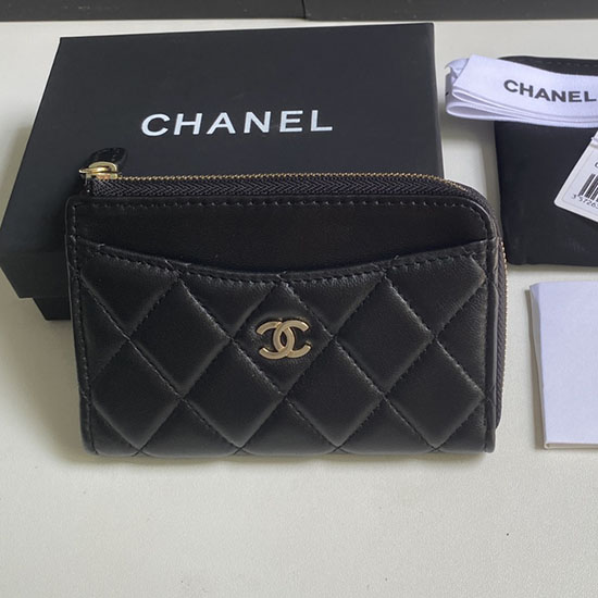 Chanel Lambskin Zip Card Holder Black with Gold AP3179