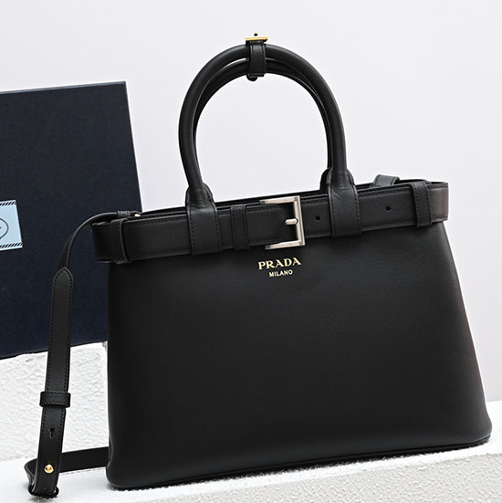Prada Buckle Medium Leather Handbag Black 1BA434