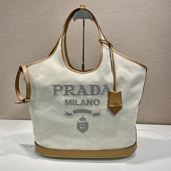 Prada Large linen blend and leather tote bag 1BG472