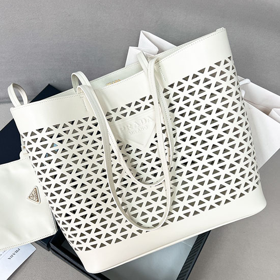 Prada Large perforated leather tote bag 1BG503 White