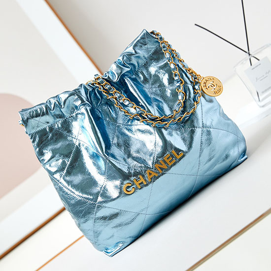 Small Chanel 22 Handbag AS3260 Metallic Blue