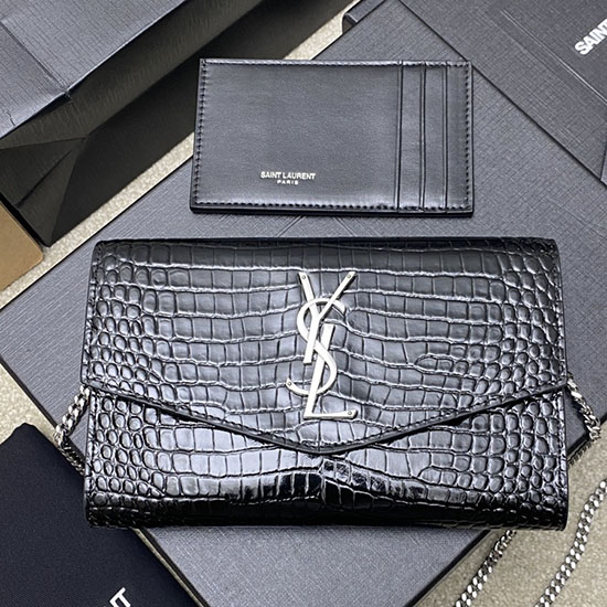 Saint Laurent Crocodile Uptown Chain Wallet 607788 Black with Silver