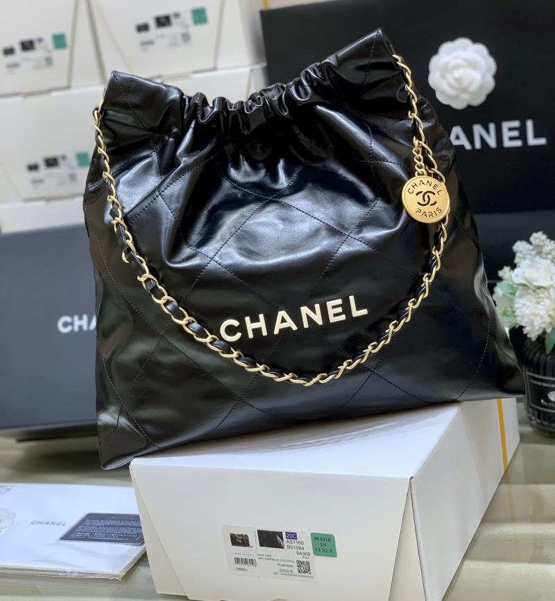 Chanel Shiny Calfskin 22 Handbag AS3261 Black with Gold