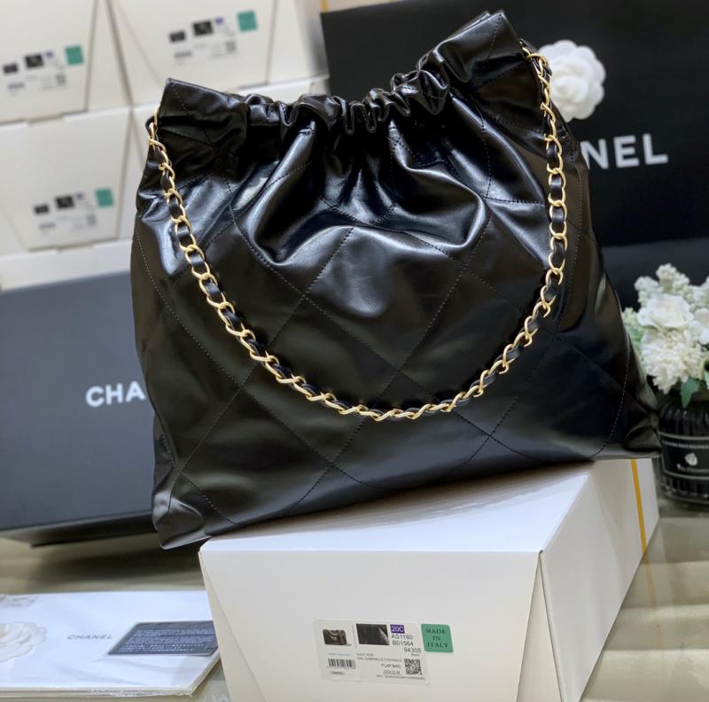 Chanel Shiny Calfskin 22 Handbag AS3261 Black with Gold