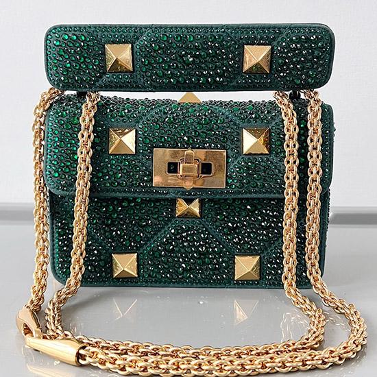 Valentino Mini Rhinestones Roman Stud Bag Green V0135