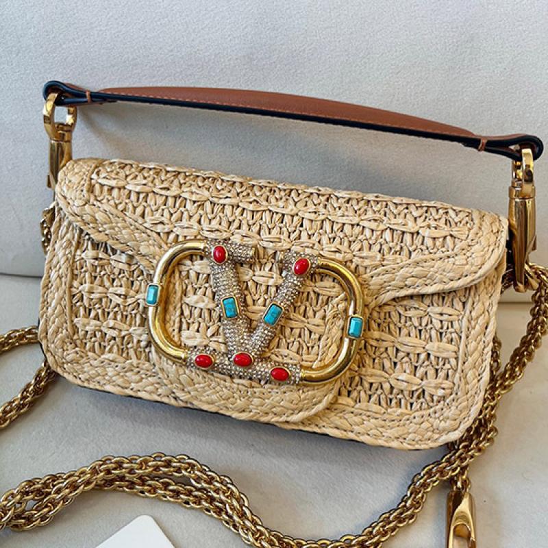 Valentino Small Loco Raffia Shoulder Bag Brown V22080