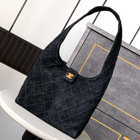 Chanel Suede Stitched Hobo Bag Black AS7342