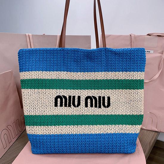 Miu Miu Raffia-effect woven tote bag Blue 5BG228