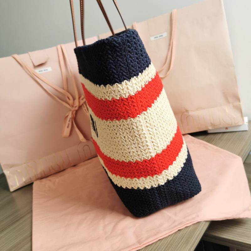 Miu Miu Raffia-effect woven tote bag Navy 5BG228