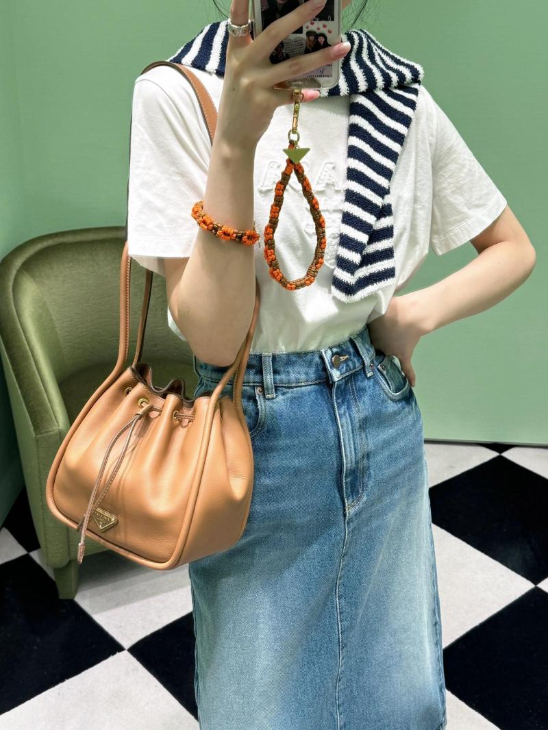 Prada Leather Bucket Bag Camel 1BE087