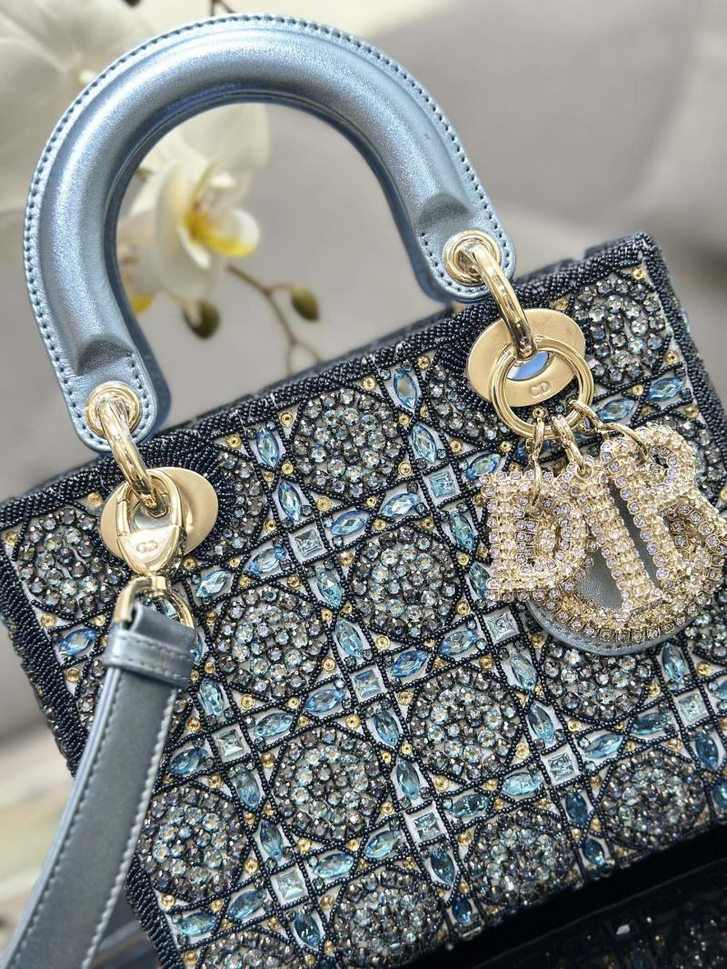Small Lady dior Bag Embroidered with Beads Blue M0538