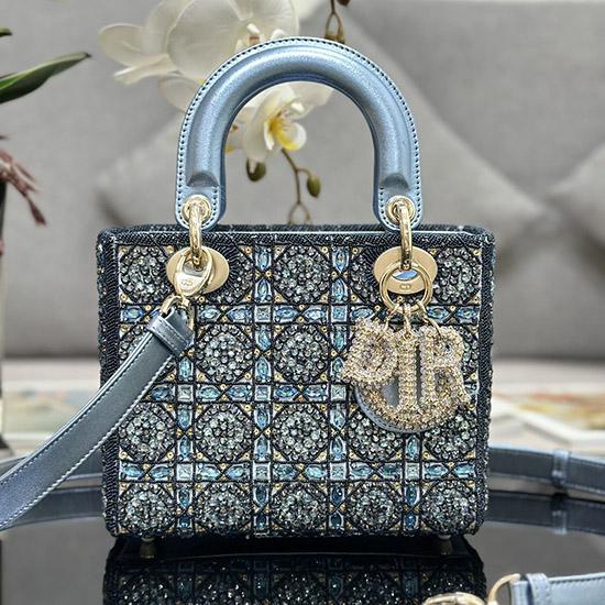 Small Lady dior Bag Embroidered with Beads Blue M0538