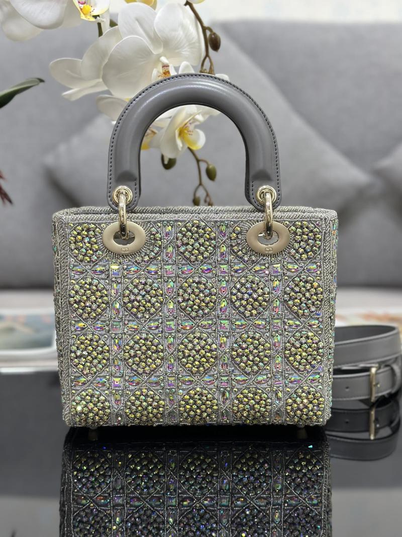 Small Lady dior Bag Embroidered with Beads Grey M0538