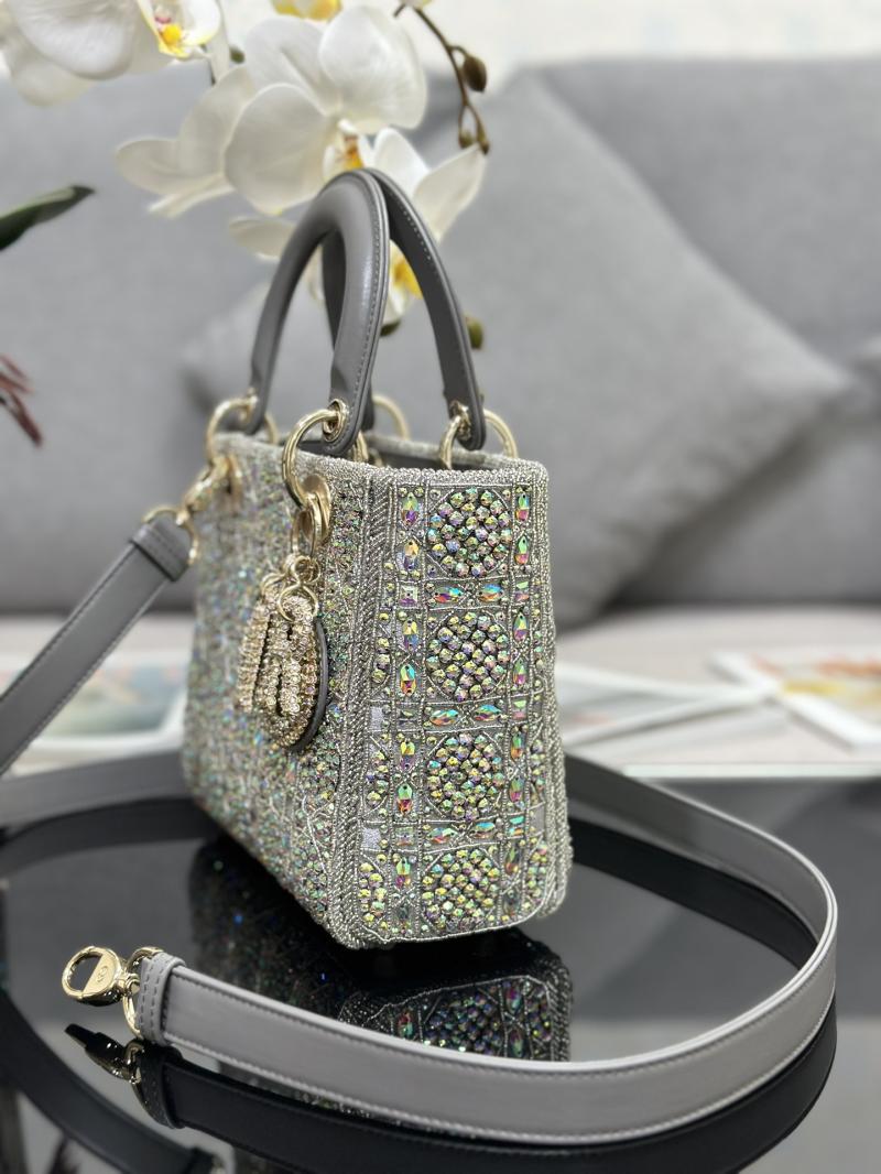 Small Lady dior Bag Embroidered with Beads Grey M0538