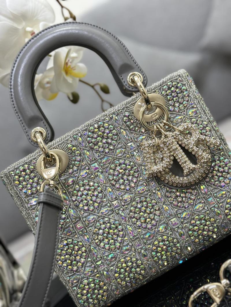 Small Lady dior Bag Embroidered with Beads Grey M0538