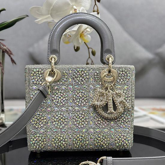 Small Lady dior Bag Embroidered with Beads Grey M0538