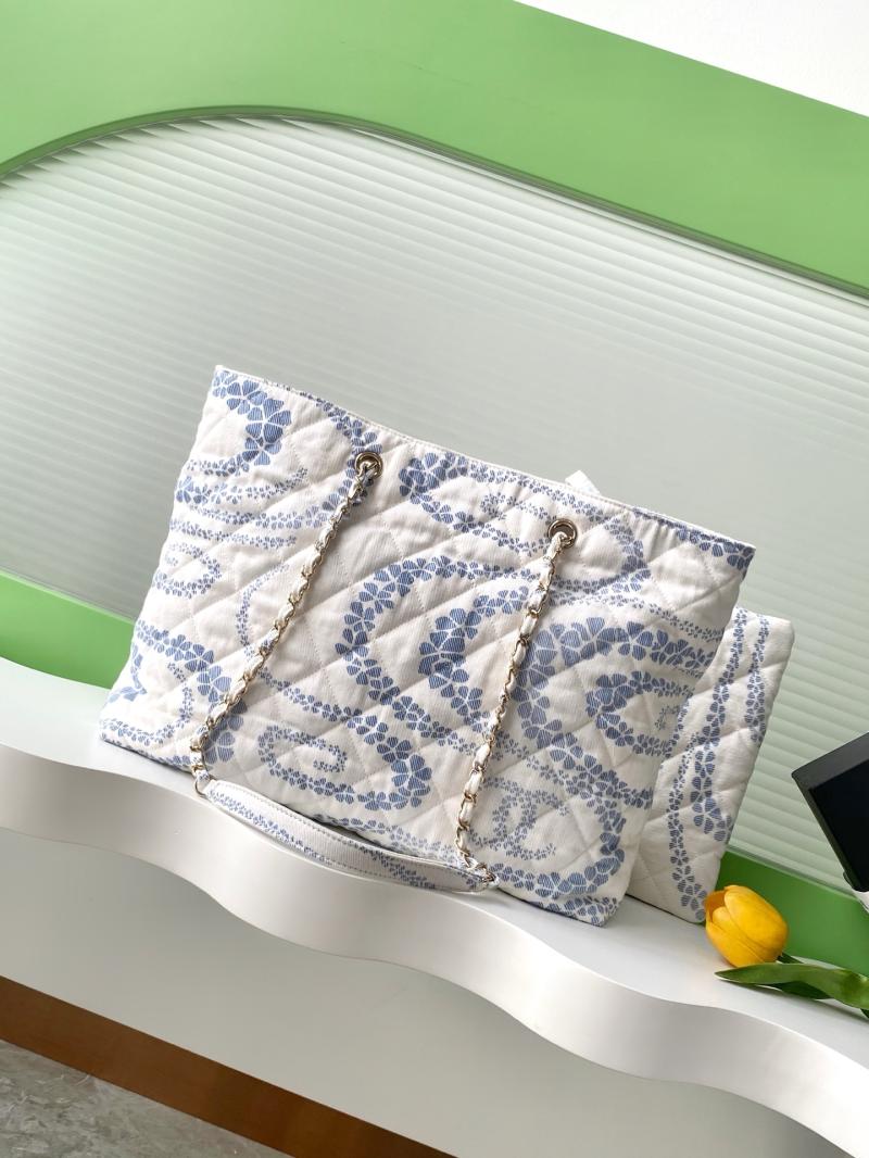 Chanel Printed Denim Shopping Bag Blue AS5429