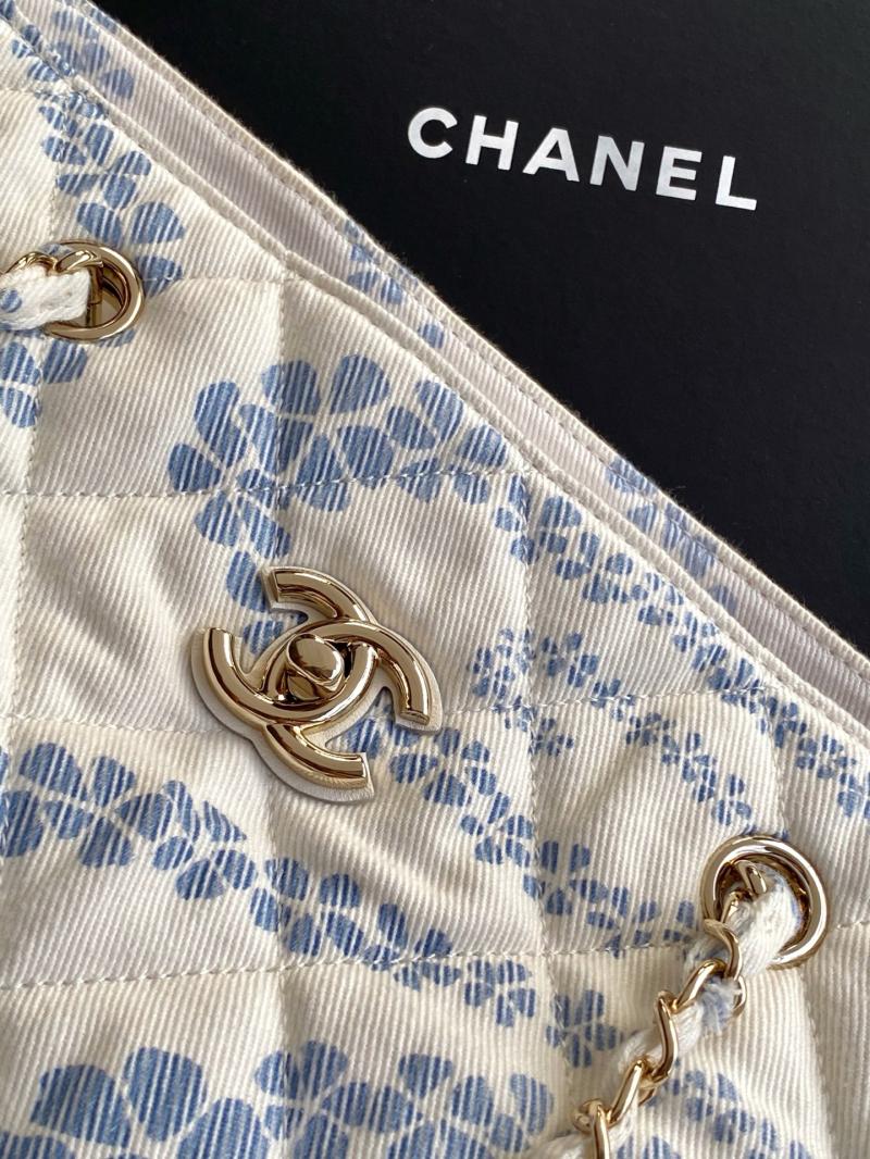 Chanel Printed Denim Shopping Bag Blue AS5429