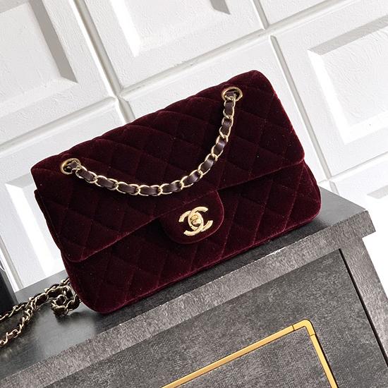Small Chanel Velvet Flap Bag Burgundy A01117