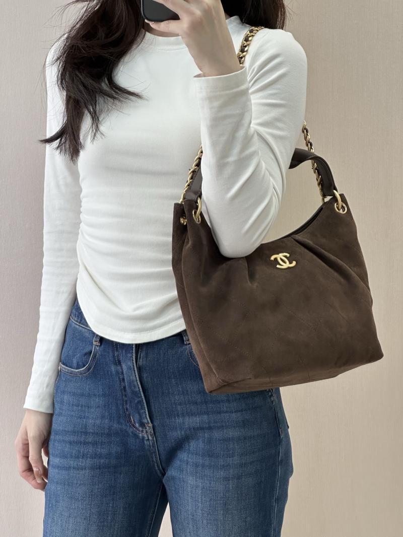 Chanel Suede Hobo Bag Dark Brown AS5970