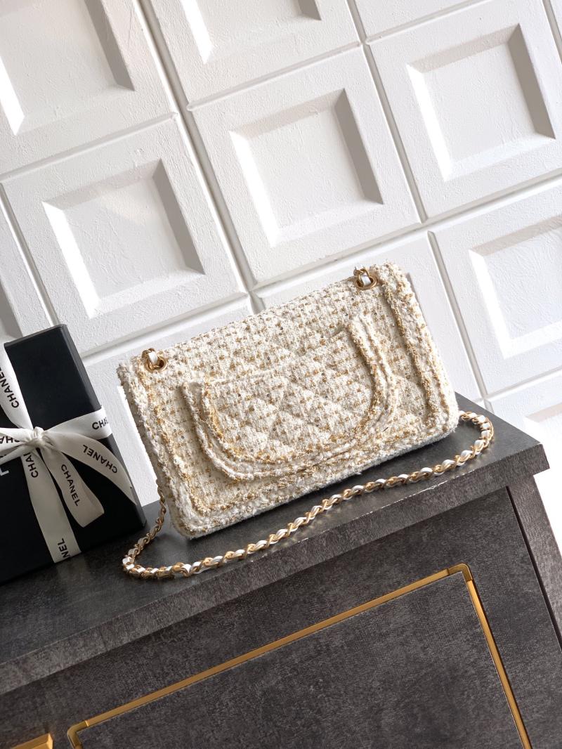 Medium Chanel Tweed Flap Bag White A01112