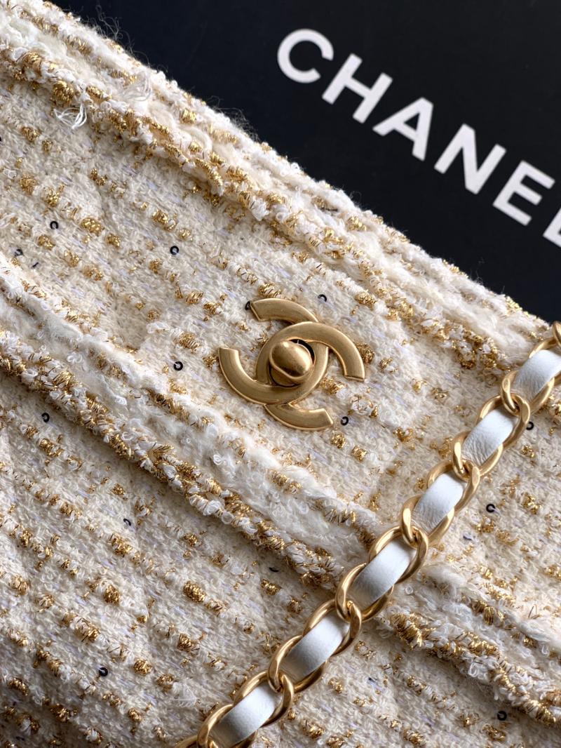 Medium Chanel Tweed Flap Bag White A01112