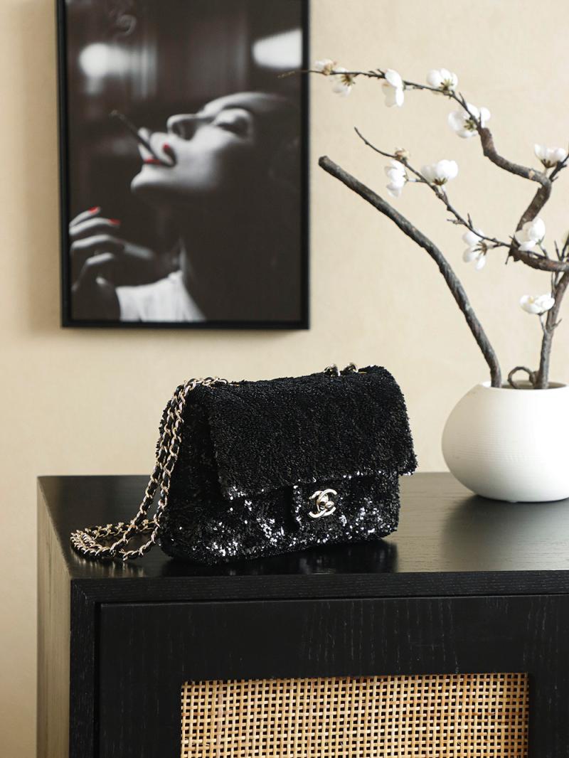 Small Chanel Classic Sequins Flap Bag Black AS2114