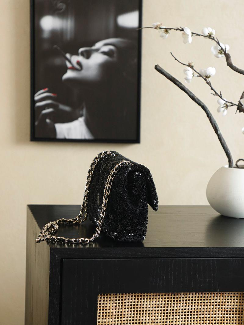 Small Chanel Classic Sequins Flap Bag Black AS2114