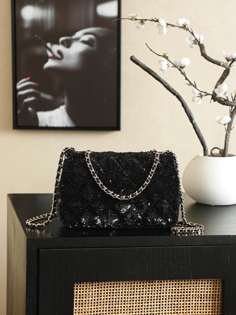 Small Chanel Classic Sequins Flap Bag Black AS2114