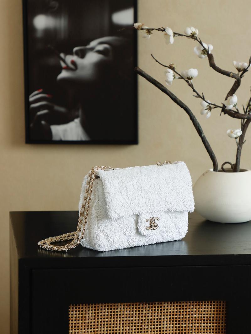 Small Chanel Classic Sequins Flap Bag White AS2114