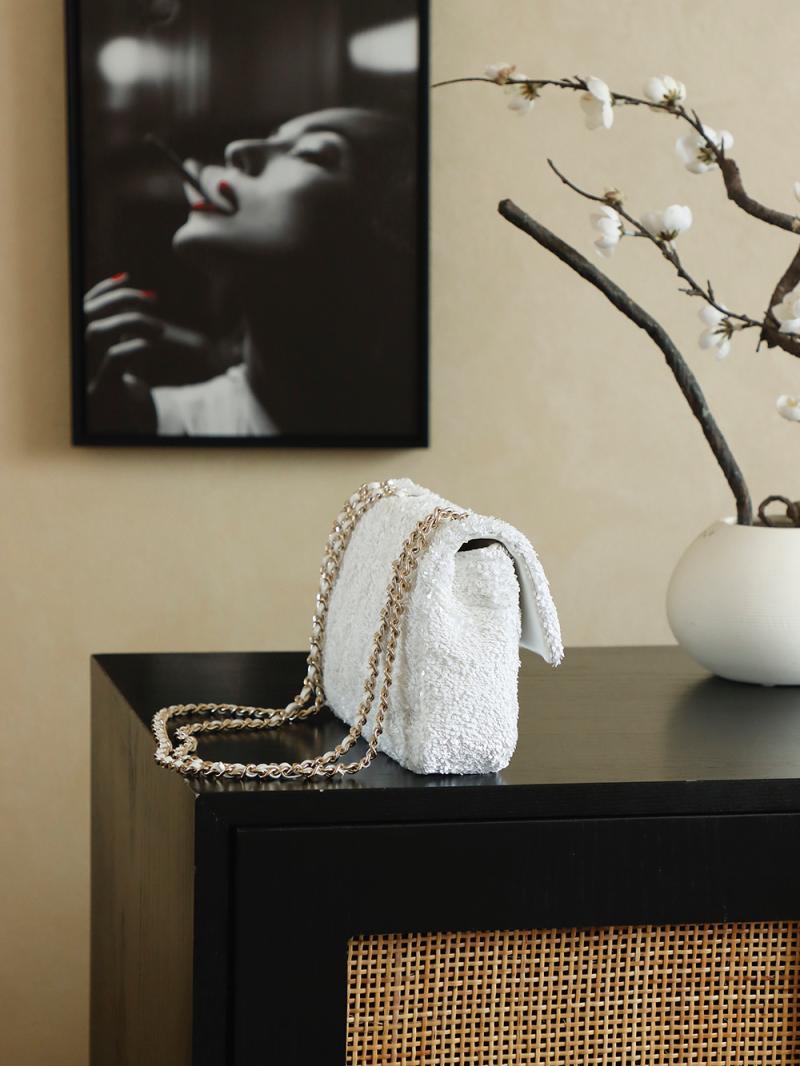 Small Chanel Classic Sequins Flap Bag White AS2114