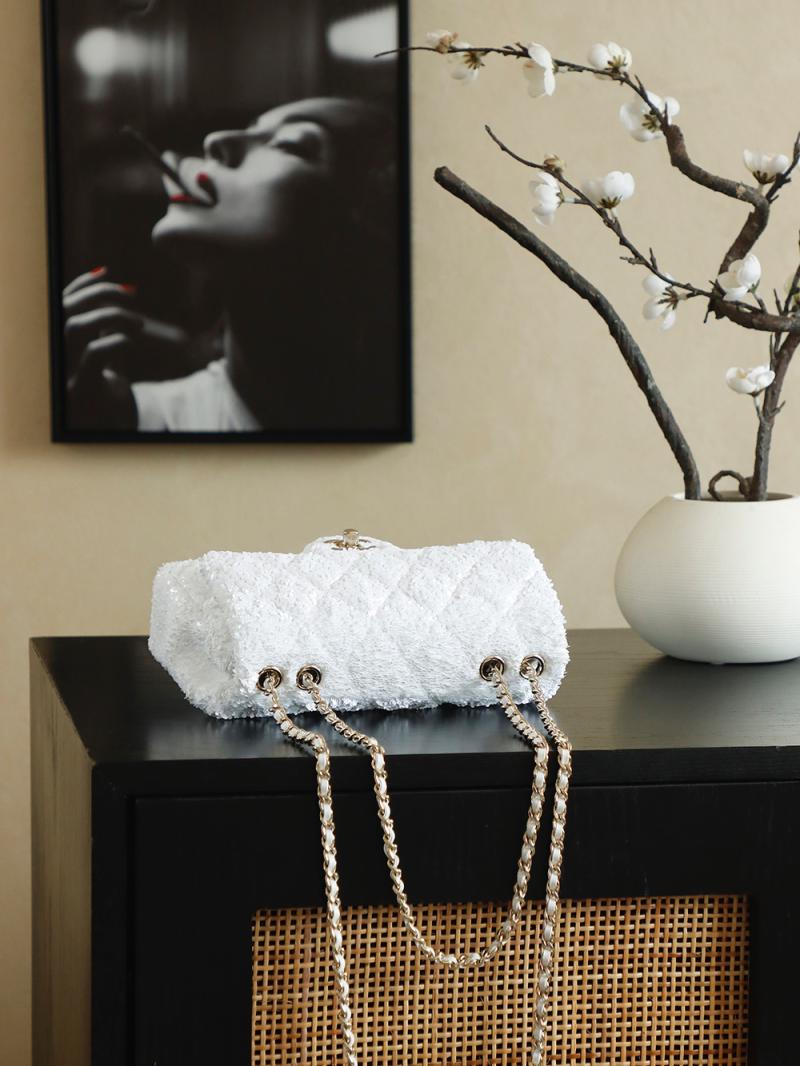 Small Chanel Classic Sequins Flap Bag White AS2114