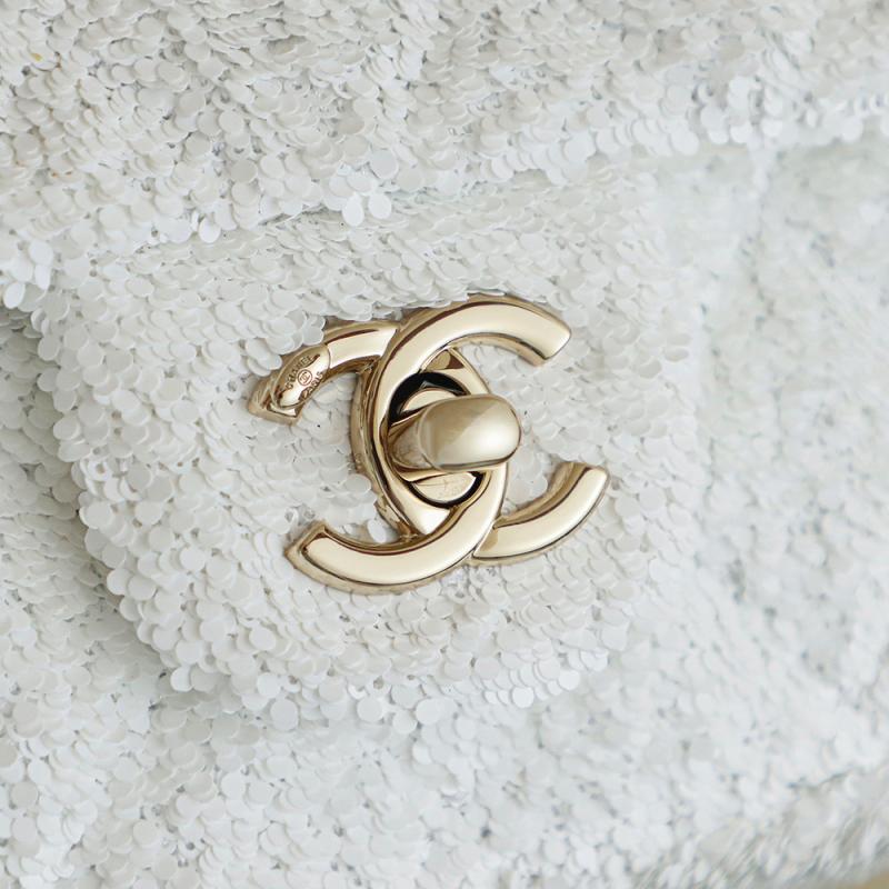 Small Chanel Classic Sequins Flap Bag White AS2114