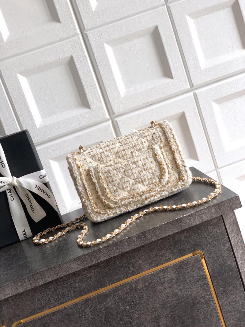 Small Chanel Tweed Flap Bag White A01116