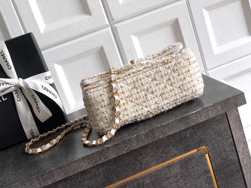 Small Chanel Tweed Flap Bag White A01116