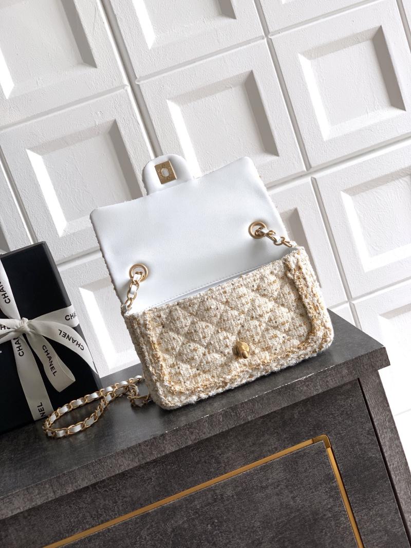 Small Chanel Tweed Flap Bag White A01116