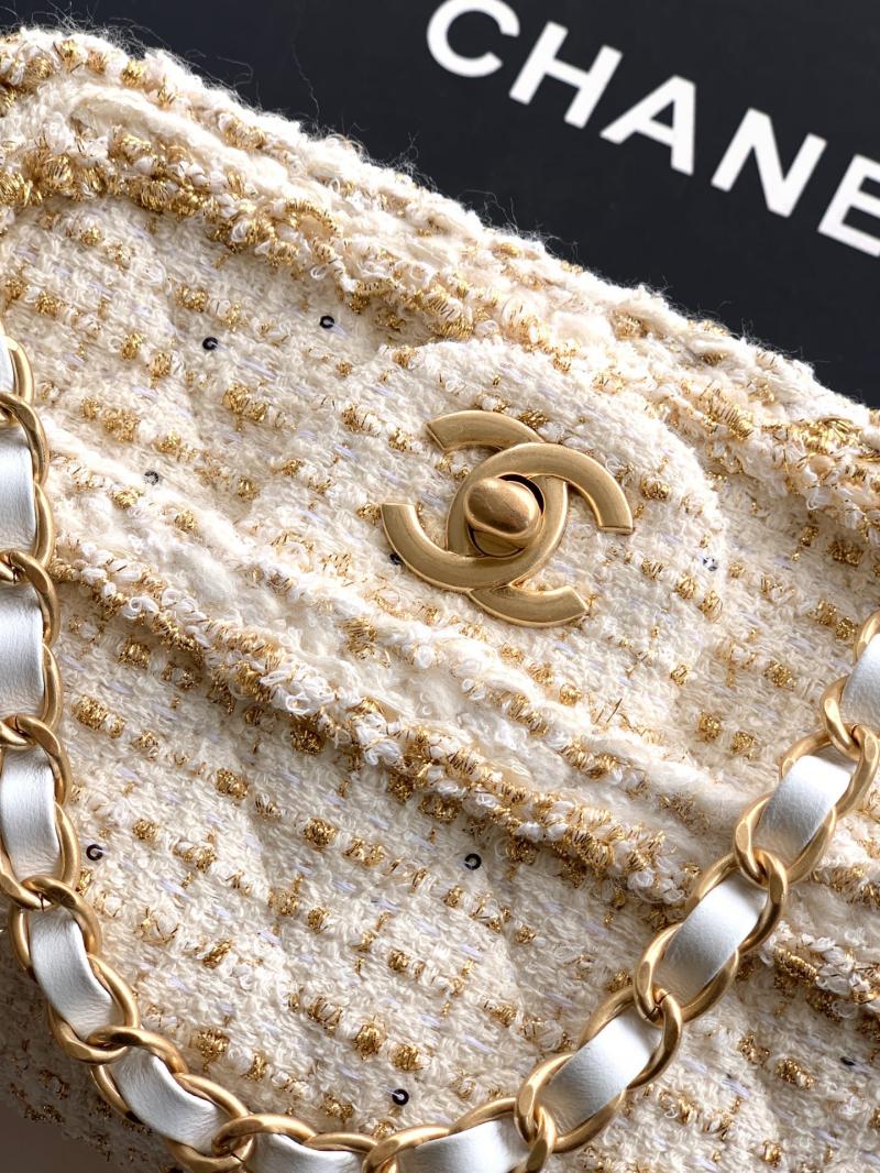 Small Chanel Tweed Flap Bag White A01116
