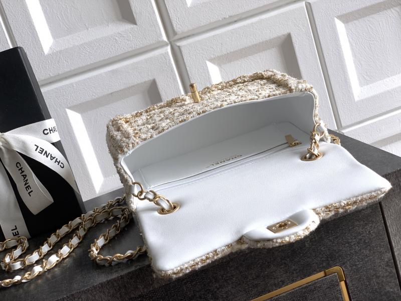 Small Chanel Tweed Flap Bag White A01116