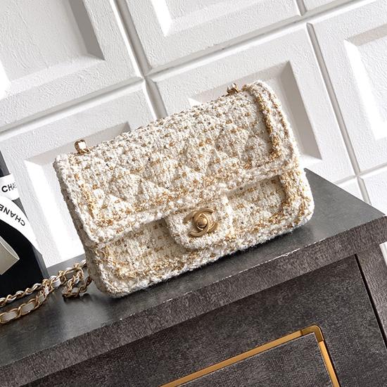 Small Chanel Tweed Flap Bag White A01116