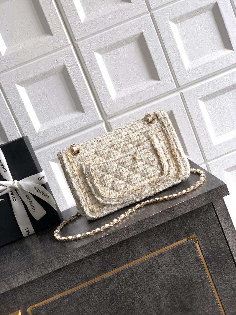 Small Chanel Tweed Flap Bag White A01117