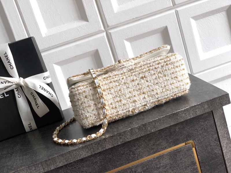 Small Chanel Tweed Flap Bag White A01117
